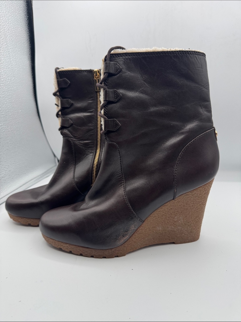 Michael Kors Rory Shearling Lace Up Brown Distressed Leather Wedge Boots Size 11